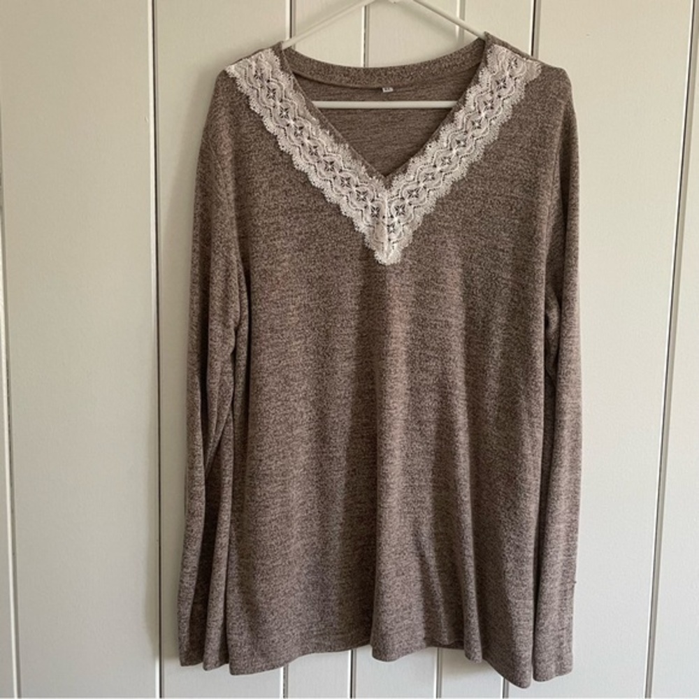 $10 SALE Lightweight Long Sleeve Fuzzy Sweater Lace Accent Soft Tan Brown